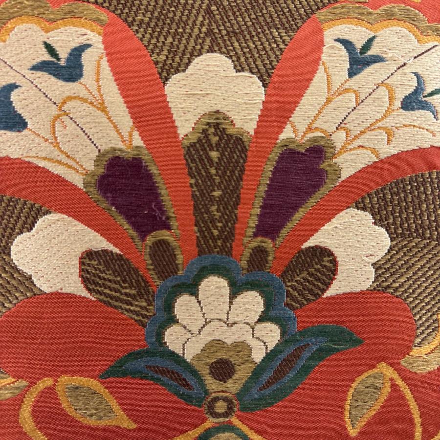 袋帯 逸品 洛風林 落款あり 草花 金糸 刺繍 朱色 全通 正絹 中古 在庫