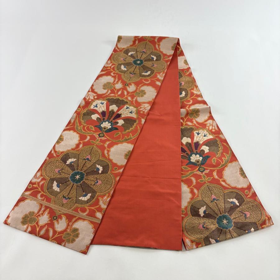 袋帯 逸品 洛風林 落款あり 草花 金糸 刺繍 朱色 全通 正絹 中古 在庫