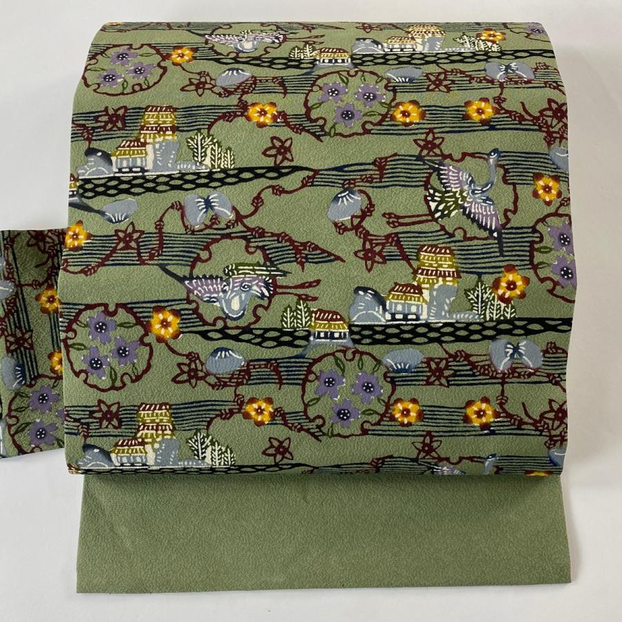 名古屋帯 逸品 落款あり 雪輪 花鳥 灰緑 正絹 中古 : リユースセレクト