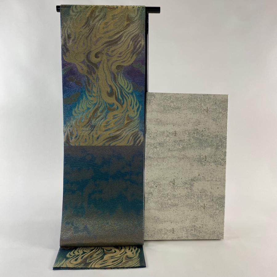 美品 袋帯 逸品 佐波理 落款あり 共箱付き 綴 炎 幾何学 金糸 箔 青緑