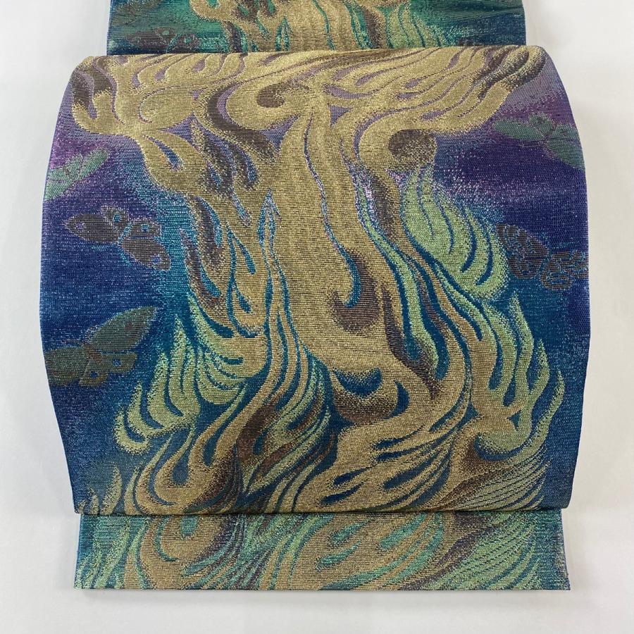 美品 袋帯 逸品 佐波理 落款あり 共箱付き 綴 炎 幾何学 金糸 箔 青緑