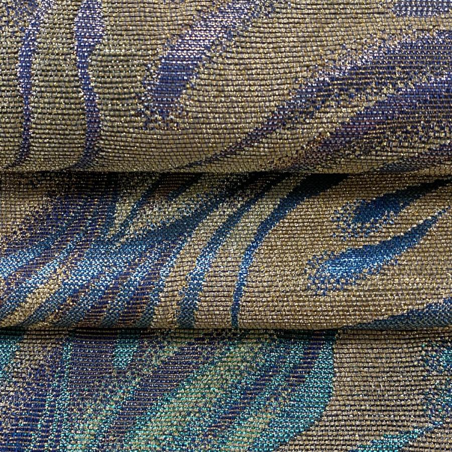 美品 袋帯 逸品 佐波理 落款あり 共箱付き 綴 炎 幾何学 金糸 箔 青緑