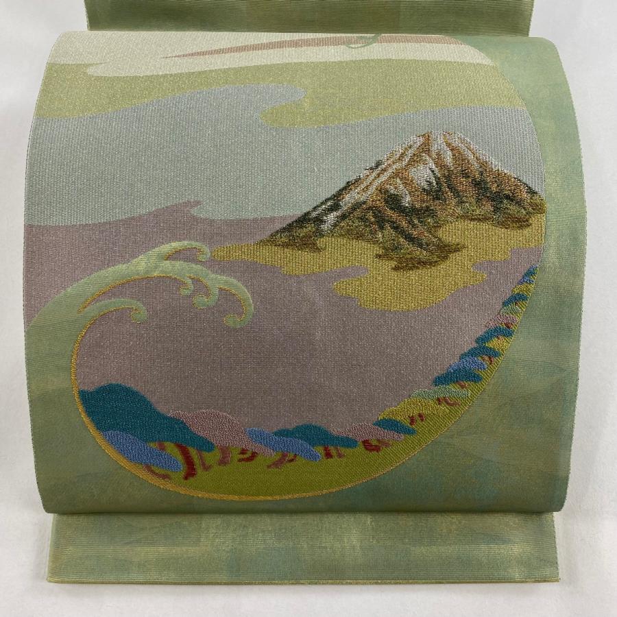 袋帯 秀品 波 松 金銀糸 青灰色 お太鼓柄 正絹 【】 【公式通販】