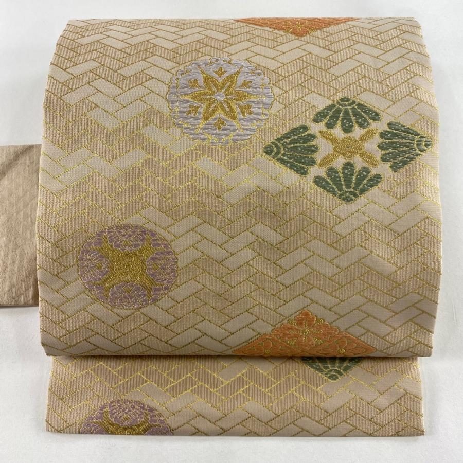 織りの両面名古屋帯（唐花文、花菱古典文）長378 全通総柄 正絹美品 美