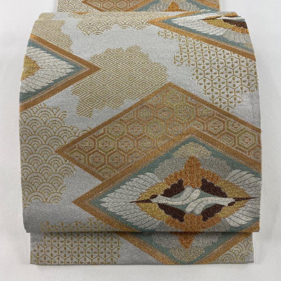 美品 袋帯 秀品 向かい鶴 有職文様 金銀糸 プラチナ箔 銀色 六通 正絹