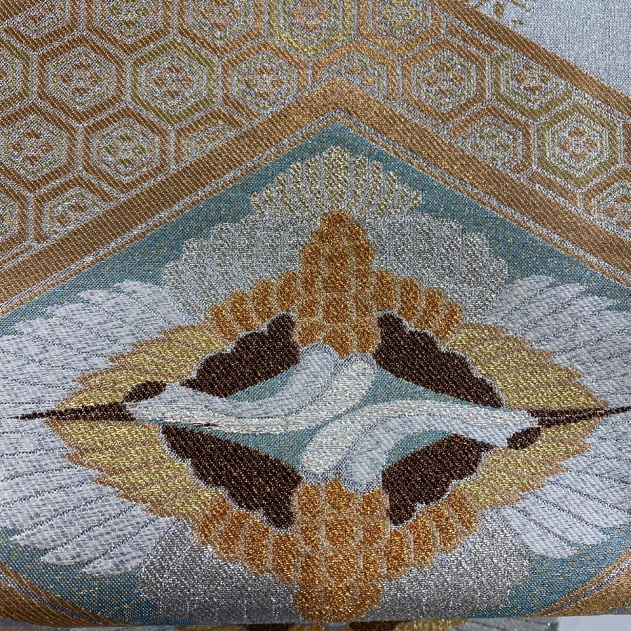 美品 袋帯 秀品 向かい鶴 有職文様 金銀糸 プラチナ箔 銀色 六通 正絹