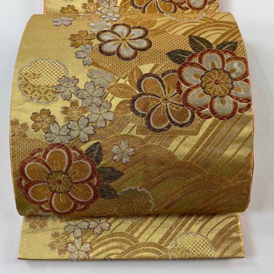 袋帯 秀品 振袖向き 花 桜 金銀糸 箔 金色 六通 正絹 中古 : リユース