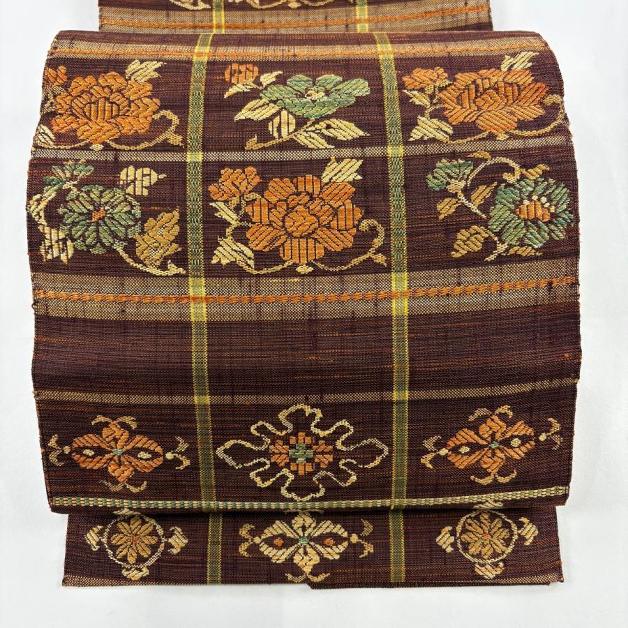 美品 名古屋帯 秀品 八寸名古屋帯 松葉仕立て 格子 草花 茶色 正絹