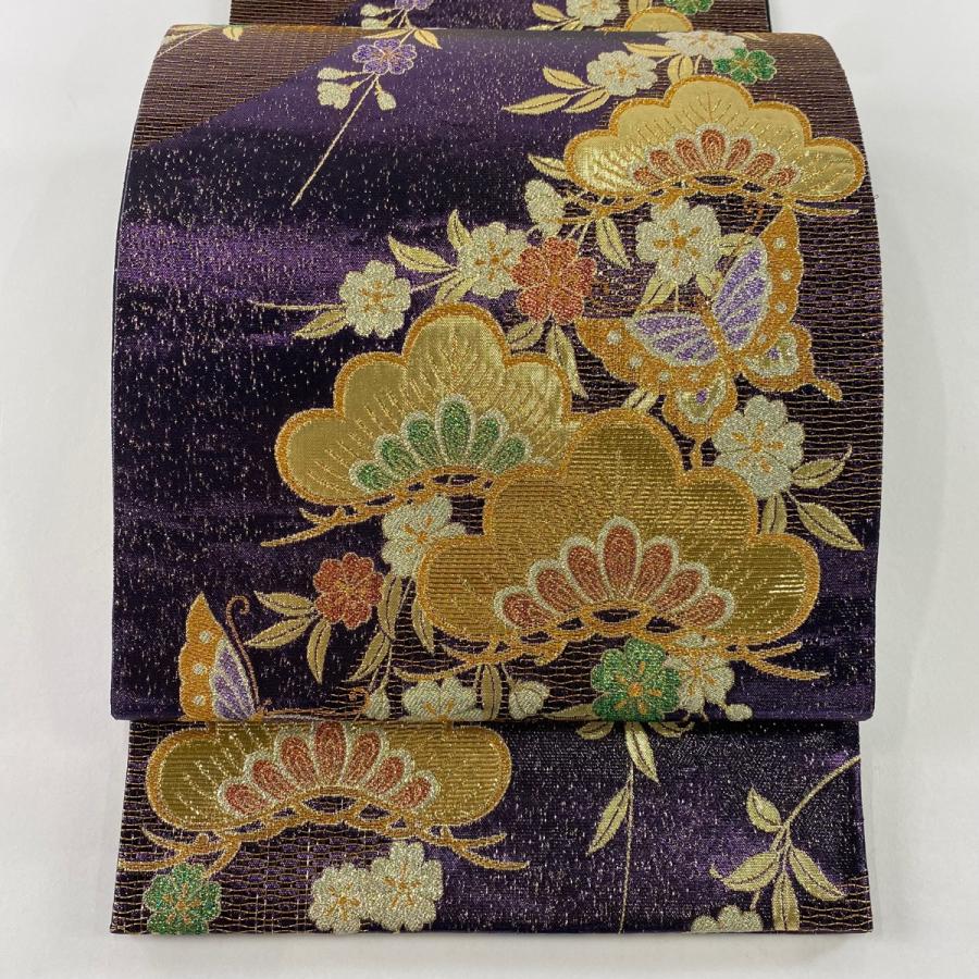 美品 袋帯 秀品 振袖向き 蝶 笠松 金糸 箔 紫 六通 正絹 中古