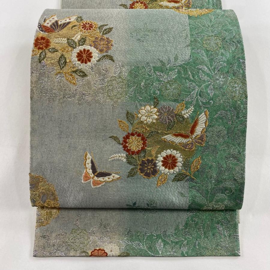 アンティーク京袋帯　百合・Lily（リリー）　青緑正絹　大正ロマン　No6-24 アンティーク京袋帯 百合・Lily（リリー） 青緑正絹 大正ロマン No6-24