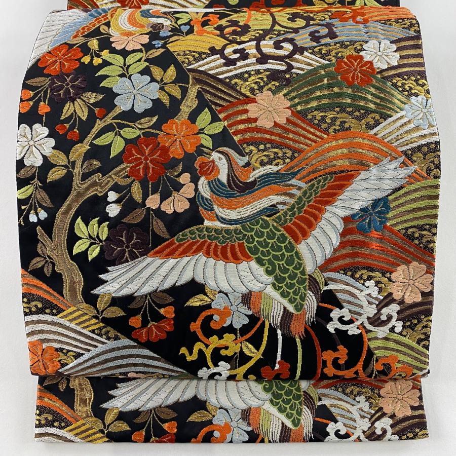 美品 袋帯 秀品 慶長鳳凰花文 金糸 唐織 黒 六通 正絹 中古 : リユース