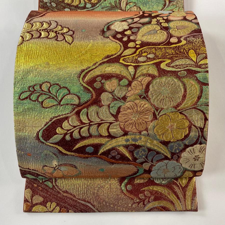 袋帯 銀通し　焦茶色系　蝶　暈し　六通　銀花仙　 美品 平和屋着物○極上 京都の名門ブランド 銀花仙 太鼓柄袋帯 カラー