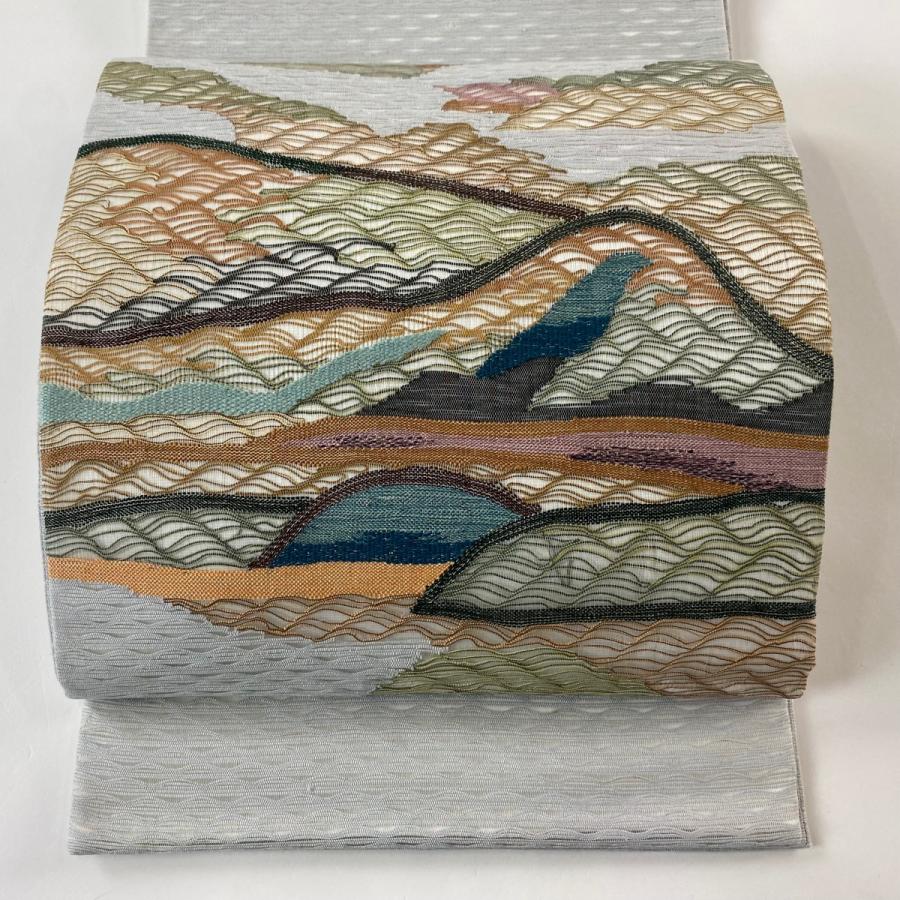 美品 袋帯 秀品 風景 金銀糸 青灰色 お太鼓柄 正絹 中古 : リユース