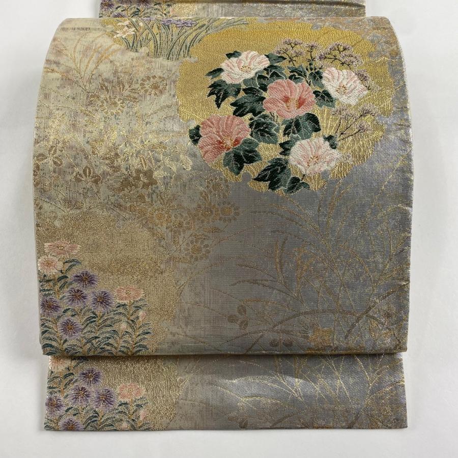袋帯 秀品 琳派優彩雪輪紋 草花 箔 銀色 六通 正絹 中古 : リユース