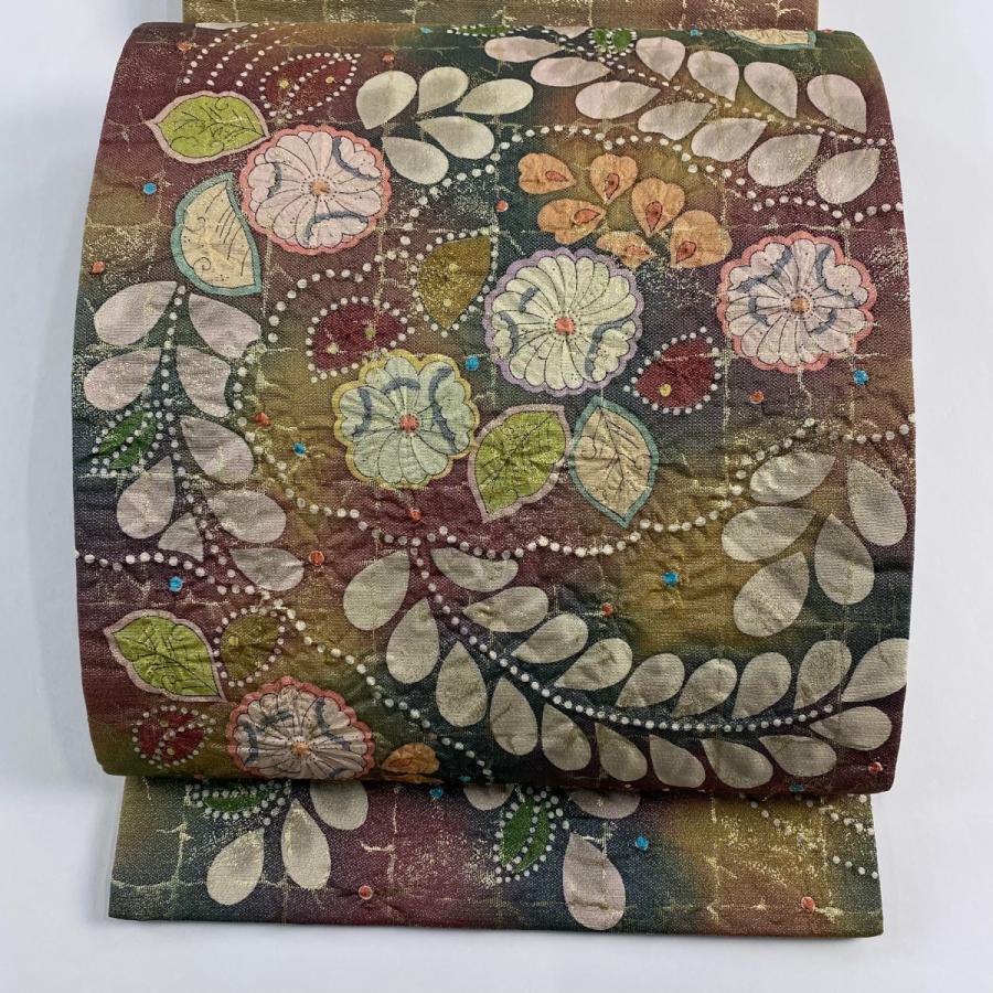 美品 袋帯 秀品 落款あり 辻が花 格子 金糸 箔 小豆色 お太鼓柄 正絹