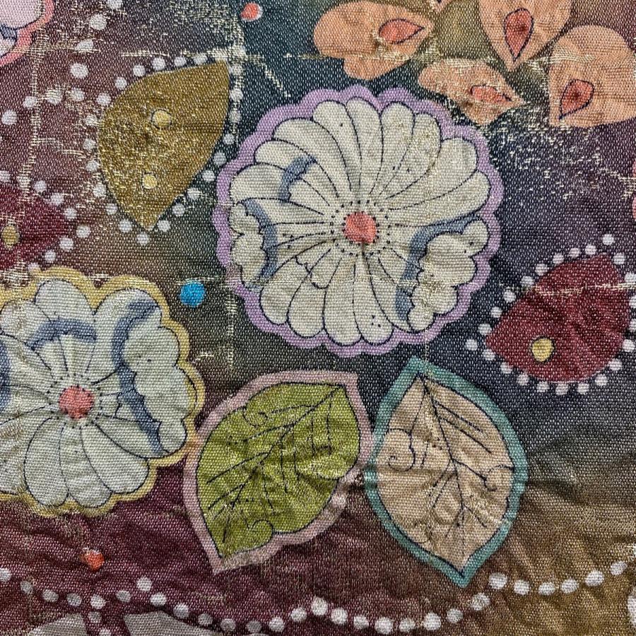 美品 袋帯 秀品 落款あり 辻が花 格子 金糸 箔 小豆色 お太鼓柄 正絹