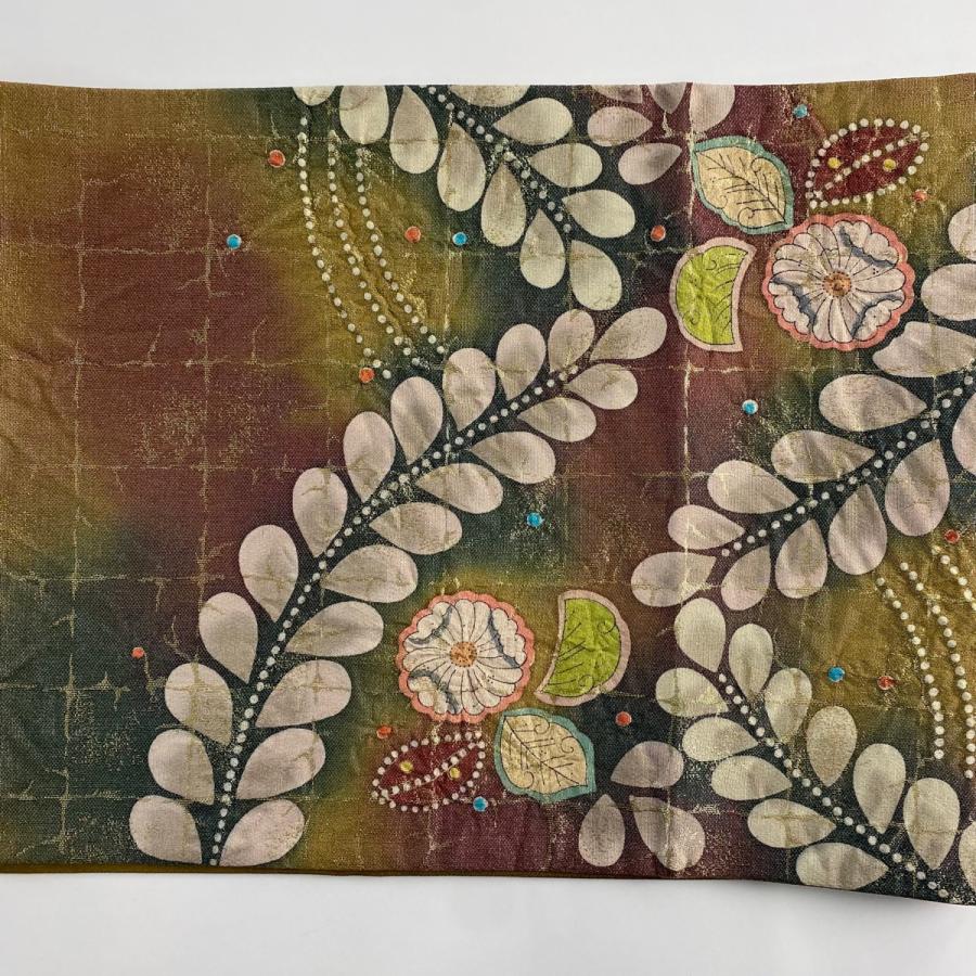 美品 袋帯 秀品 落款あり 辻が花 格子 金糸 箔 小豆色 お太鼓柄 正絹