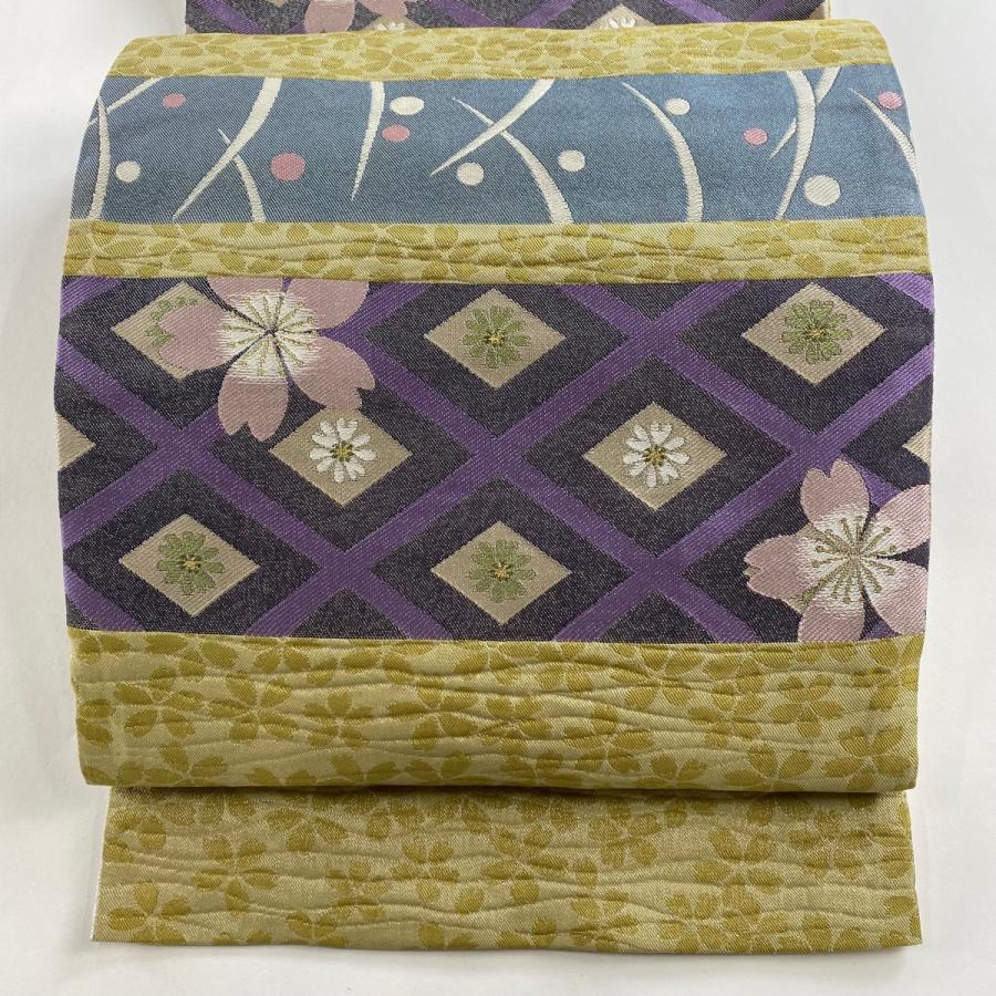 美品 袋帯 秀品 桜 菱 箔 抹茶色 六通 正絹 中古 : リユースセレクト