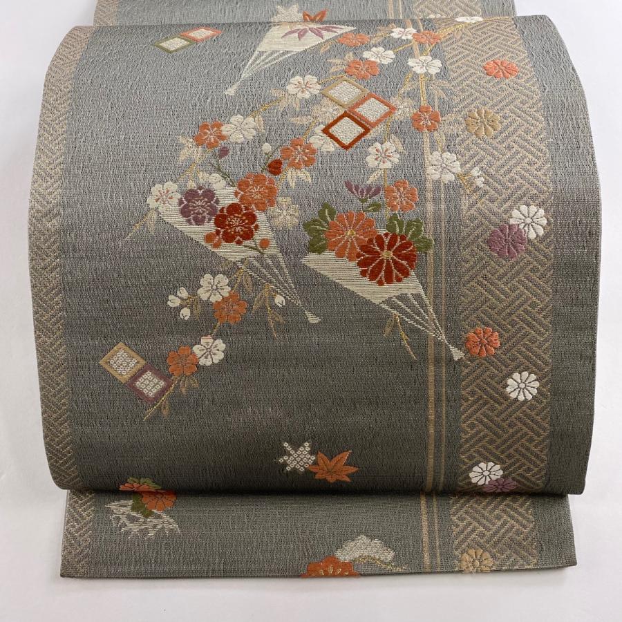 袋帯 秀品 松 菱 刺繍 箔 灰色 お太鼓柄 正絹 中古 : リユースセレクト
