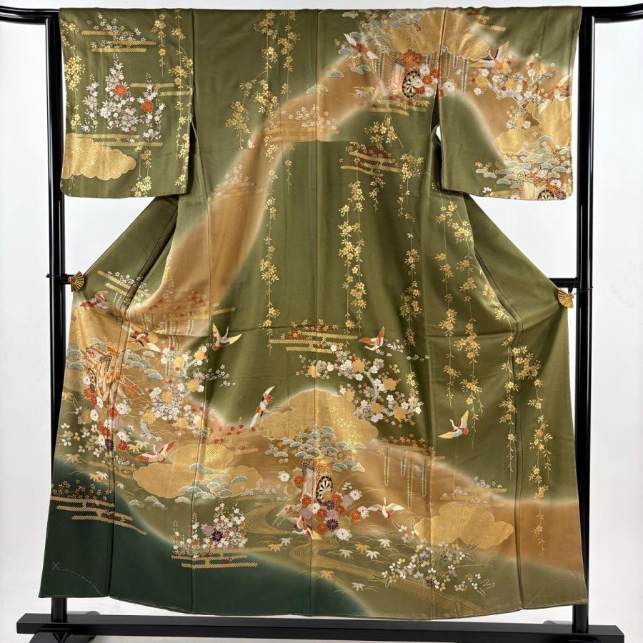 訪問着 身丈154.5cm 裄丈64cm M 袷 御所車 鶴 金糸 金彩 茶緑色 正絹