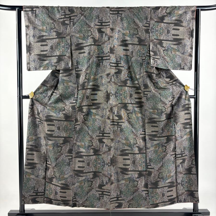 美品 大島紬 身丈155.5cm 裄丈63cm S 袷 純泥染 証紙あり 家屋 樹木 焦