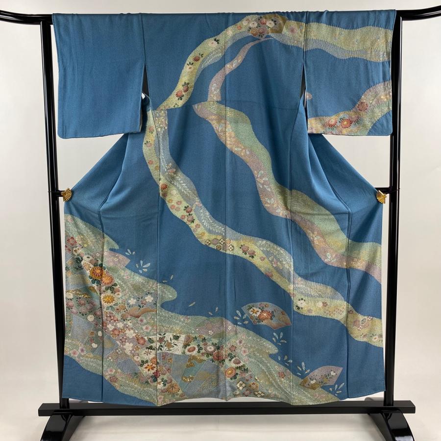 訪問着 身丈155.5cm 裄丈64cm M 袷 菊 道長取り 金糸 金銀彩 青灰色