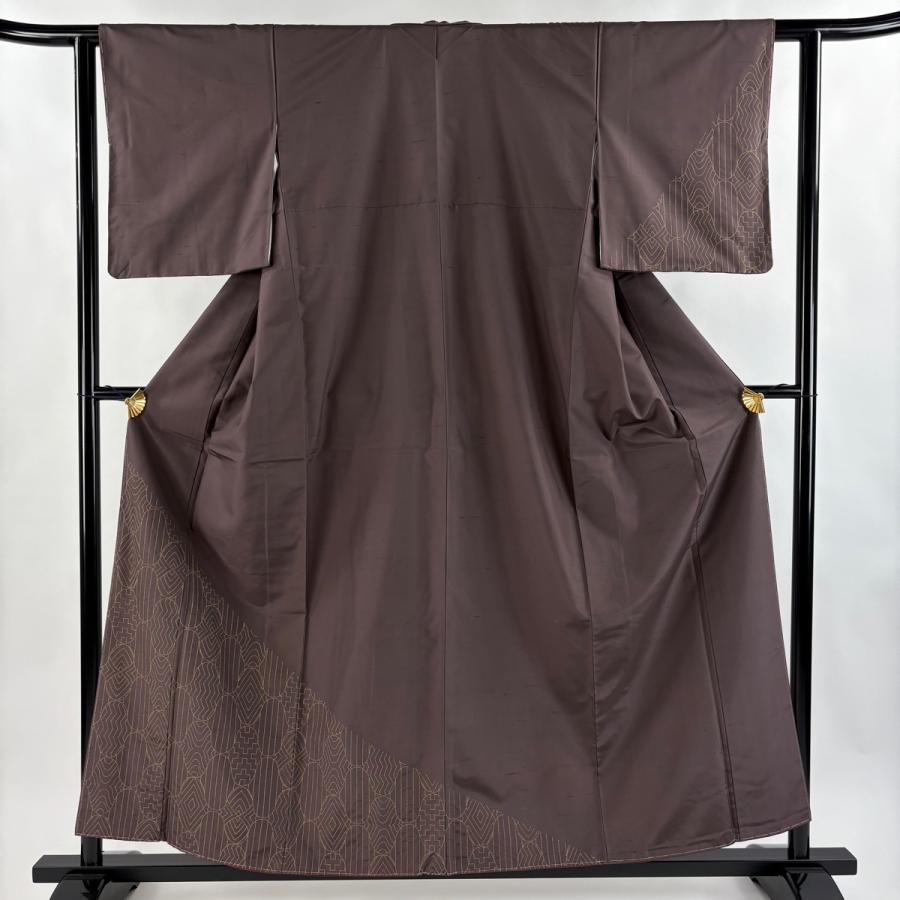 付下げ 身丈156cm 裄丈60.5cm S 袷 紬地 幾何学模様 縞 刺繍 茶紫 正絹