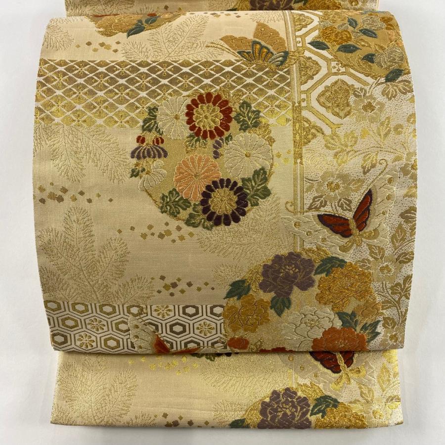 袋帯　六通柄　金糸　四季の花　丸文　唐織　正絹　フォーマル 袋帯 秀品 花丸文 蝶 唐織 金糸 金色 六通 正絹 中古 在庫一掃
