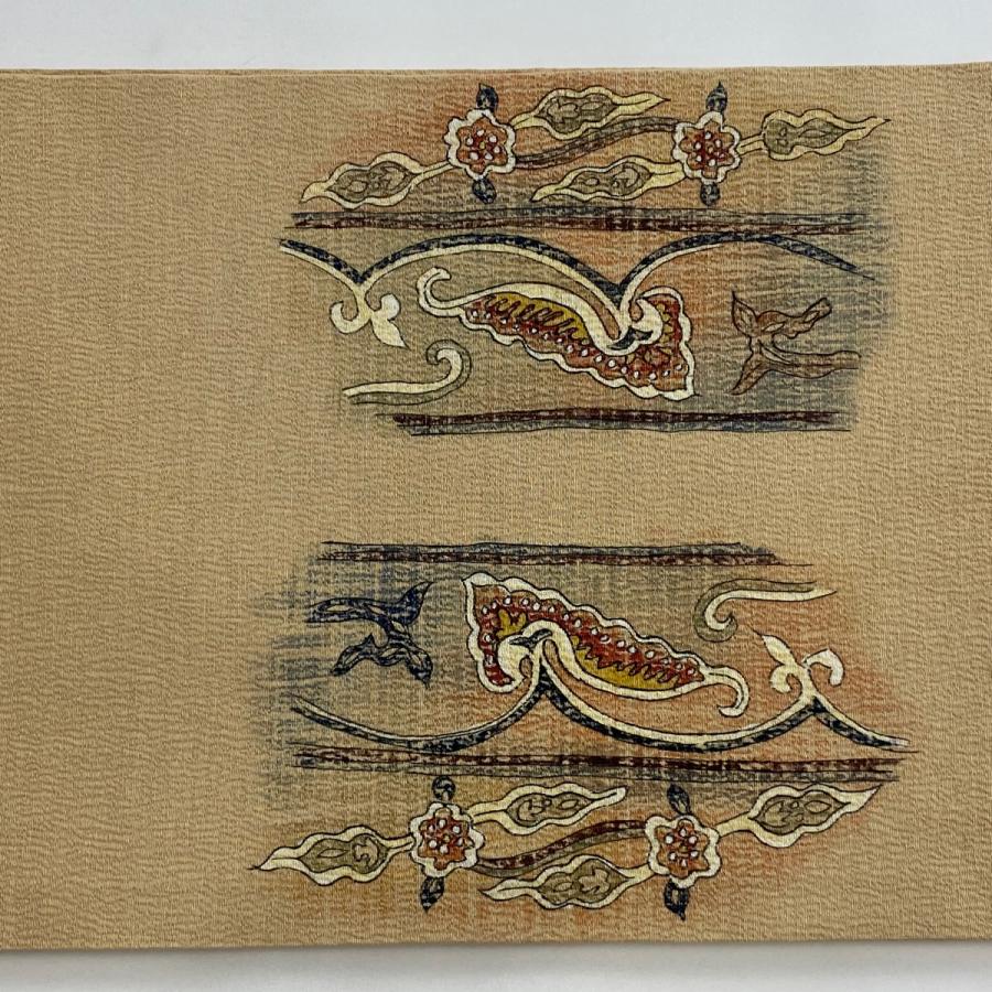 開き名古屋帯 優品 花唐草 草花 薄茶色 正絹 中古 : リユースセレクト