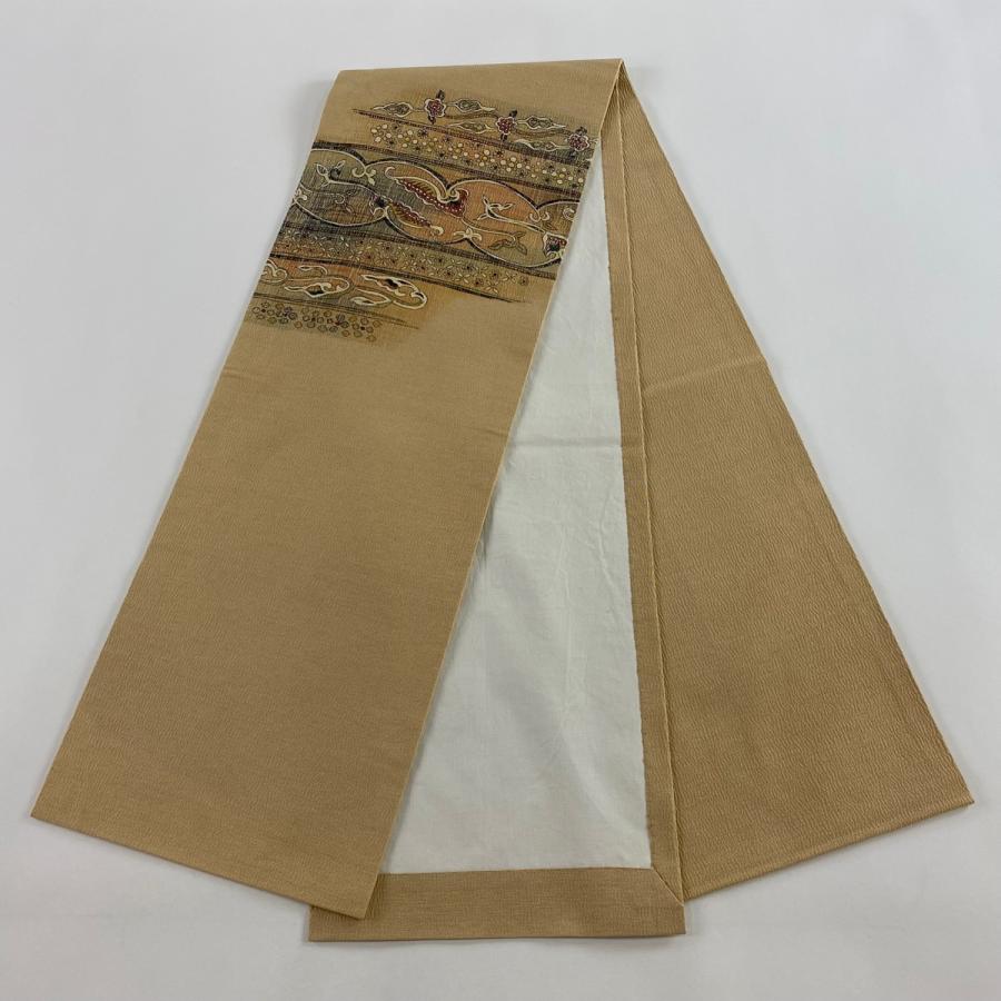開き名古屋帯 優品 花唐草 草花 薄茶色 正絹 中古 : リユースセレクト