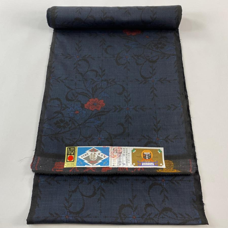 反物 秀品 大島紬 証紙 純泥染 花唐草 格子 紺色 正絹 中古