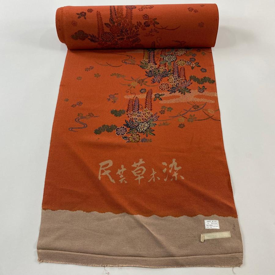 反物 秀品 小紋 草花 ヱ霞 縮緬 草木染 赤茶 正絹 中古 : リユース