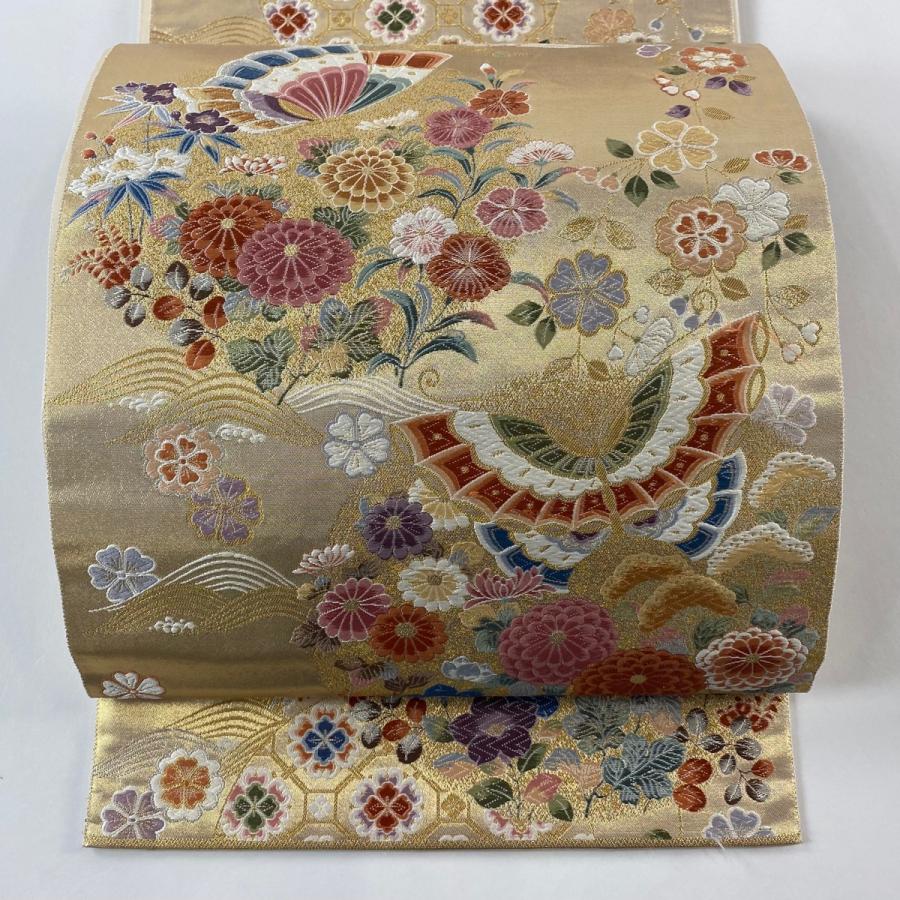 袋帯 秀品 優美丸文重 関西仕立て 草花 蝶 本金箔 唐織 金色 六通 正絹