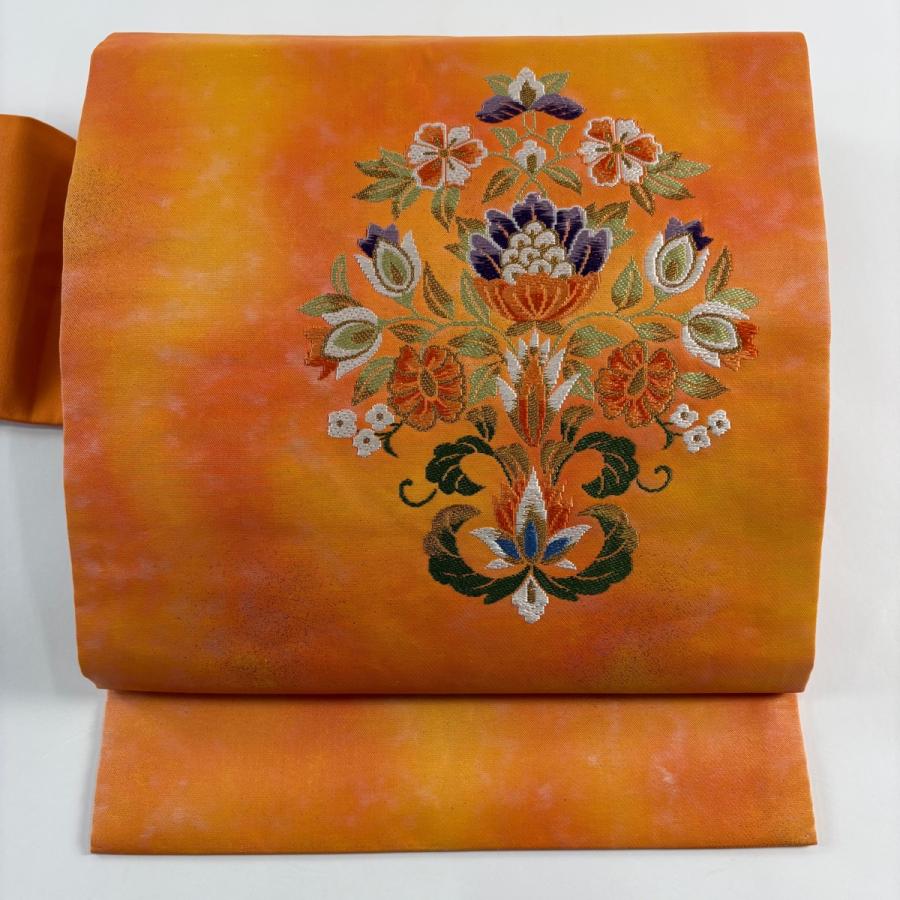 名古屋帯 優品 草花 金糸 箔 オレンジ 正絹 中古 : リユースセレクト