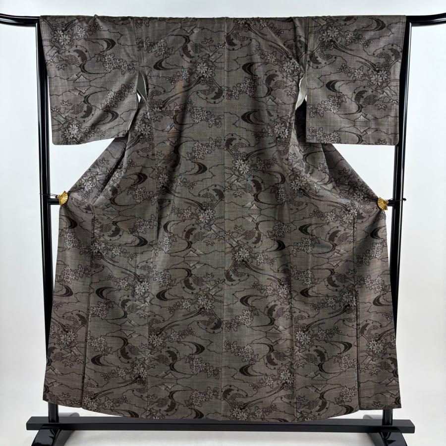 紬 身丈156cm 裄丈66cm M 袷 草花 雪輪 焦茶色 正絹 秀品 中古