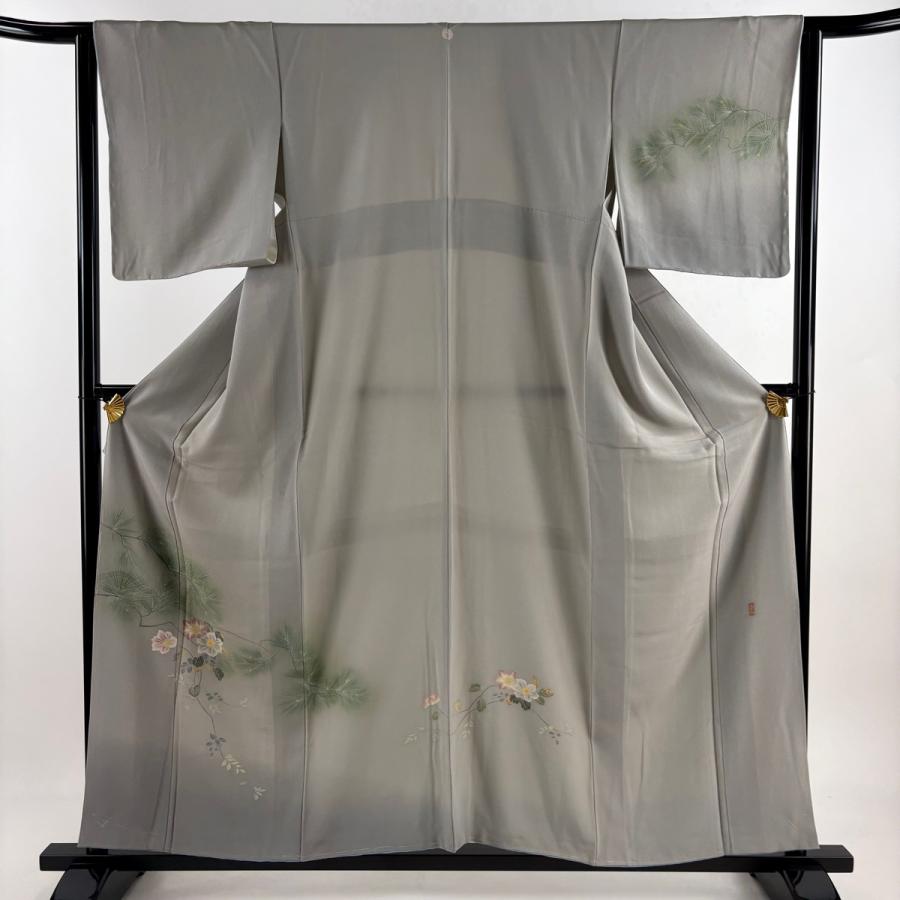 ★専用★未使用品 色無地 鶯色 花 地紋 一つ紋 身丈158cm 裄丈67cm 訪問着 身丈158cm 裄丈62cm S 袷 落款あり 松 枝花 ぼかし 灰緑 正絹