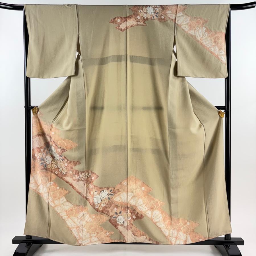 訪問着 身丈158.5cm 裄丈66cm M 袷 辻が花柄 霞 絞り 薄茶色 正絹 秀品