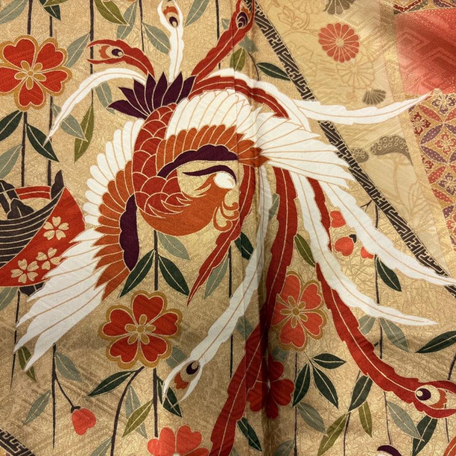 振袖と帯 海老茶色にグレージュ梅 身丈164裄67 袖丈109 亀甲袋帯 振袖 身丈168.5cm 裄丈67cm M 袷 鳳凰 枝垂れ桜 金彩 ぼかし