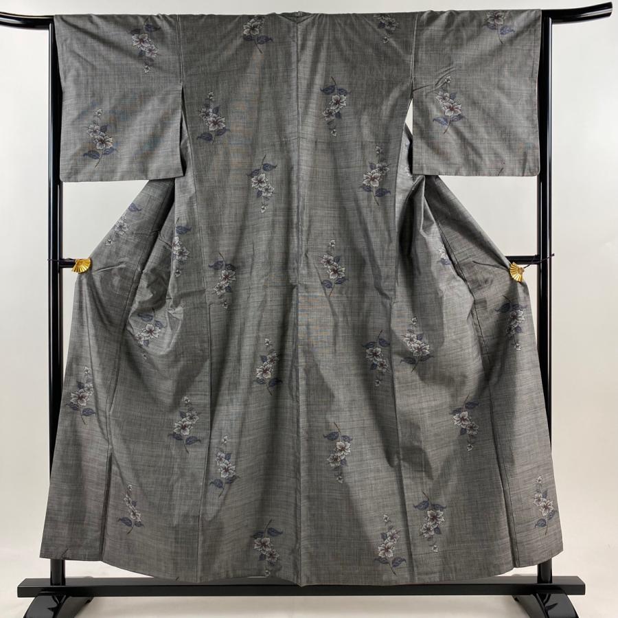 紬 身丈156cm 裄丈64.5cm M 袷 枝花 灰色 正絹 秀品 中古 : リユース