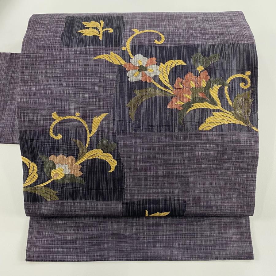 名古屋帯 秀品 関西仕立て 花唐草 色紙 灰紫 正絹 中古 : リユース