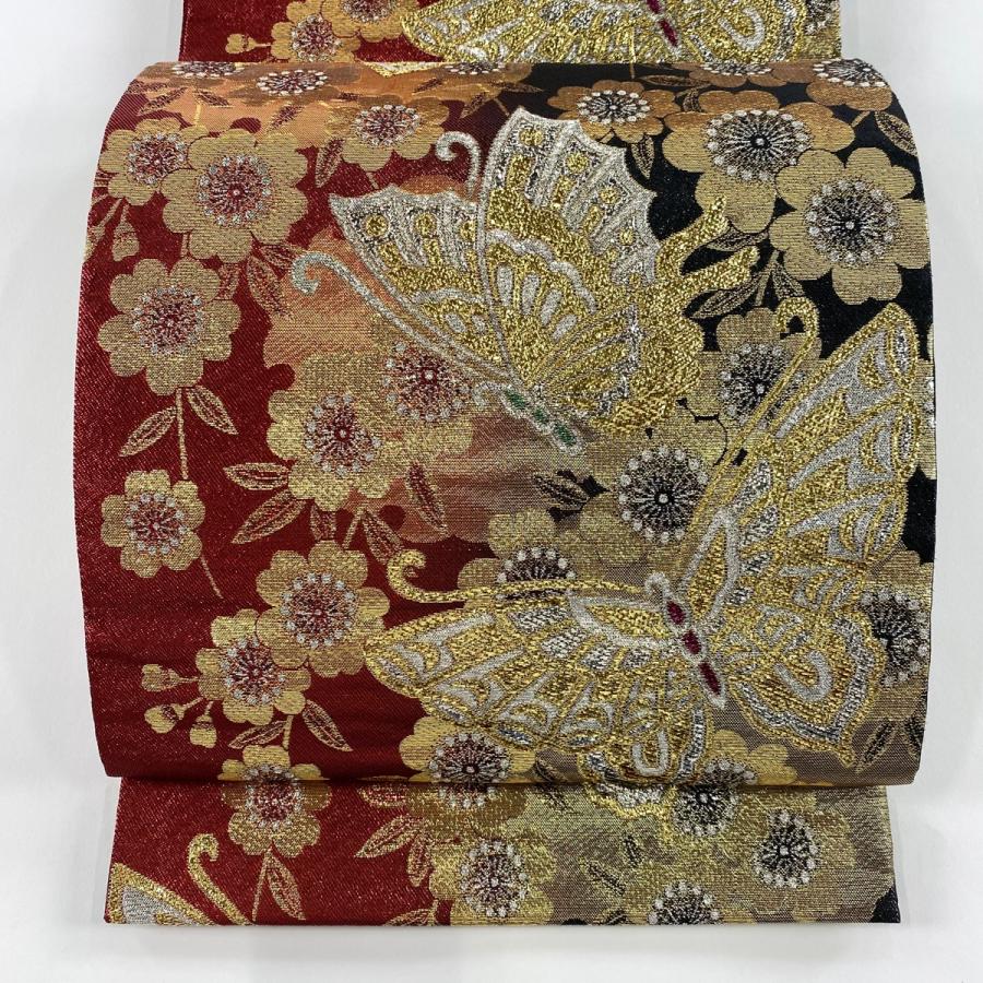 袋帯 秀品 蝶 枝垂れ桜 唐織 箔 朱色 六通 正絹 【中古】 美品 袋帯 秀
