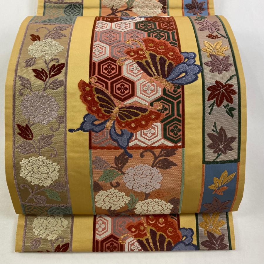 美品 袋帯 秀品 草花 蝶 金糸 唐織 山吹色 六通 正絹 中古 : リユース