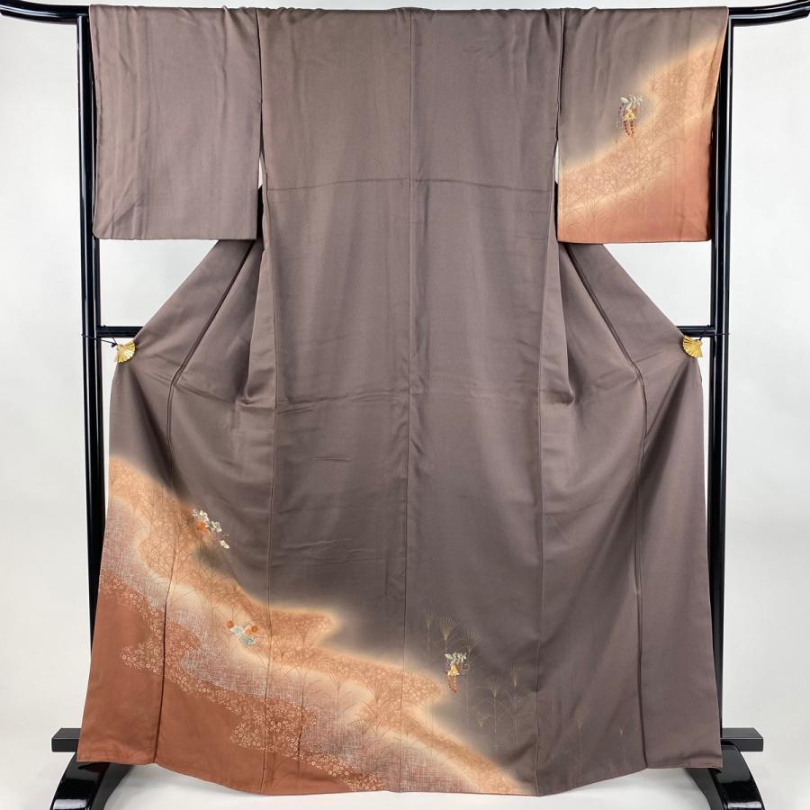 付下げ 身丈167cm 裄丈66cm M 袷 葉と実 霞 金銀彩 刺繍 茶紫 正絹 秀