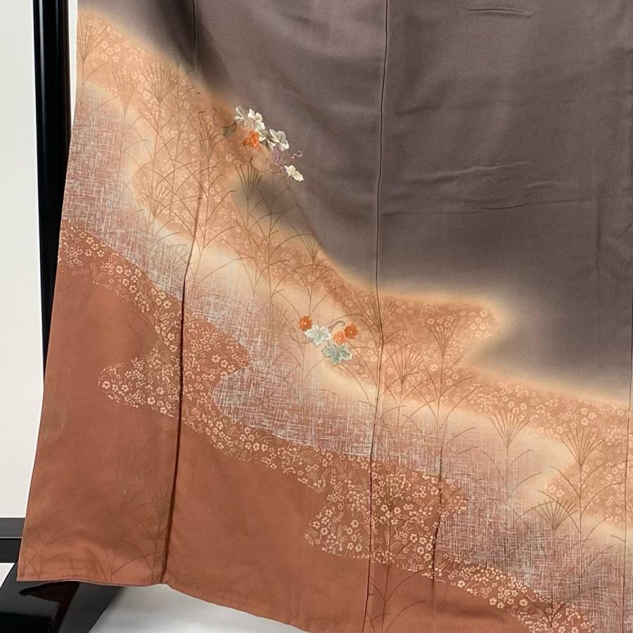 付下げ 身丈167cm 裄丈66cm M 袷 葉と実 霞 金銀彩 刺繍 茶紫 正絹 秀