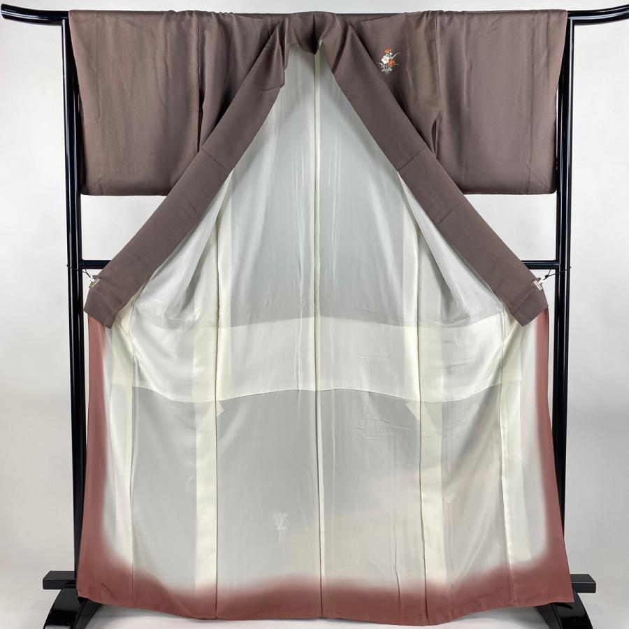 付下げ 身丈167cm 裄丈66cm M 袷 葉と実 霞 金銀彩 刺繍 茶紫 正絹 秀