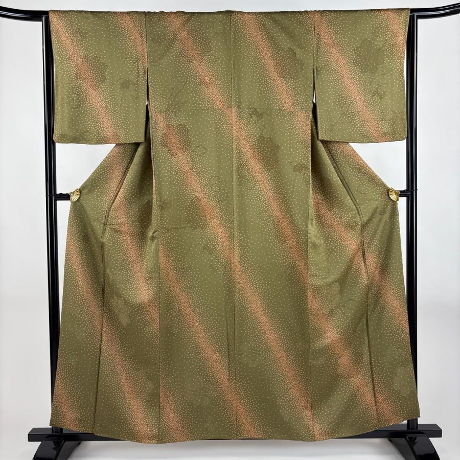 小紋 身丈158.5cm 裄丈64.5cm M 袷 花 葉柄 茶緑色 正絹 秀品 中古