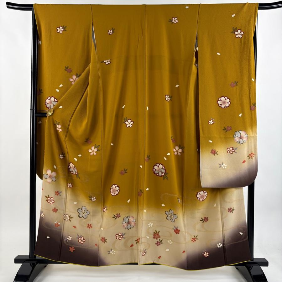 振袖 身丈160cm 裄丈65cm M 袷 桜 観世水 金糸 金彩 山吹茶色 正絹 秀