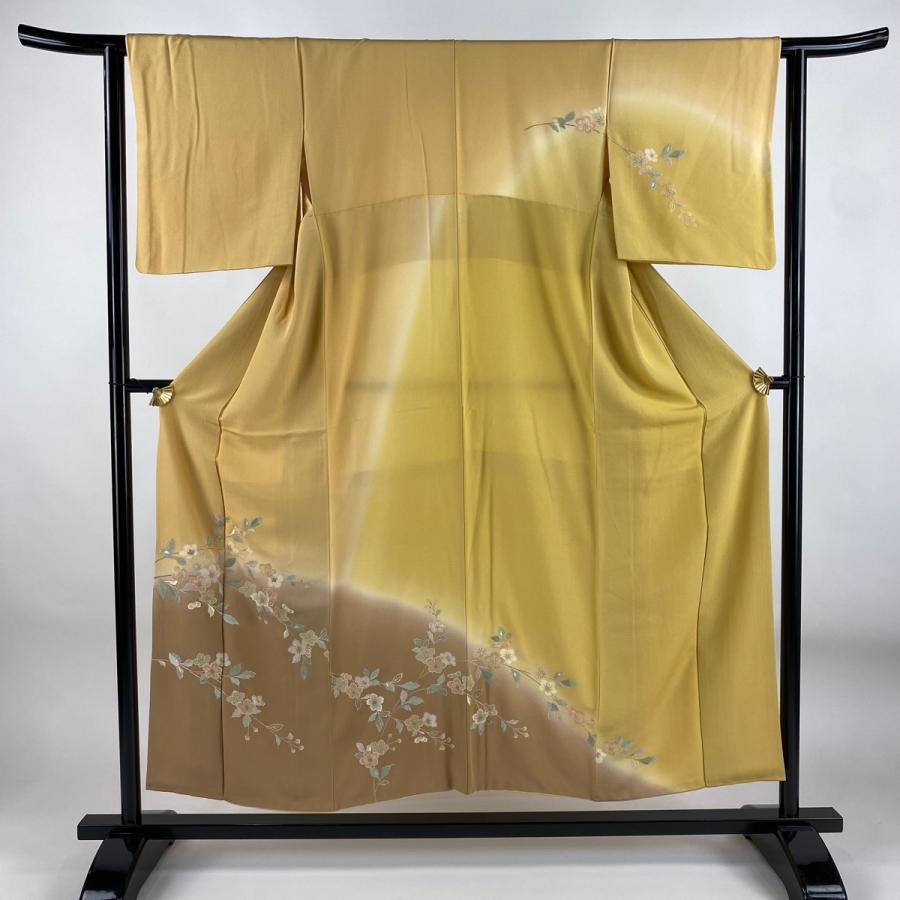 美品 訪問着 身丈150cm 裄丈62cm S 袷 枝花 金糸 刺繍 山吹色 正絹 秀