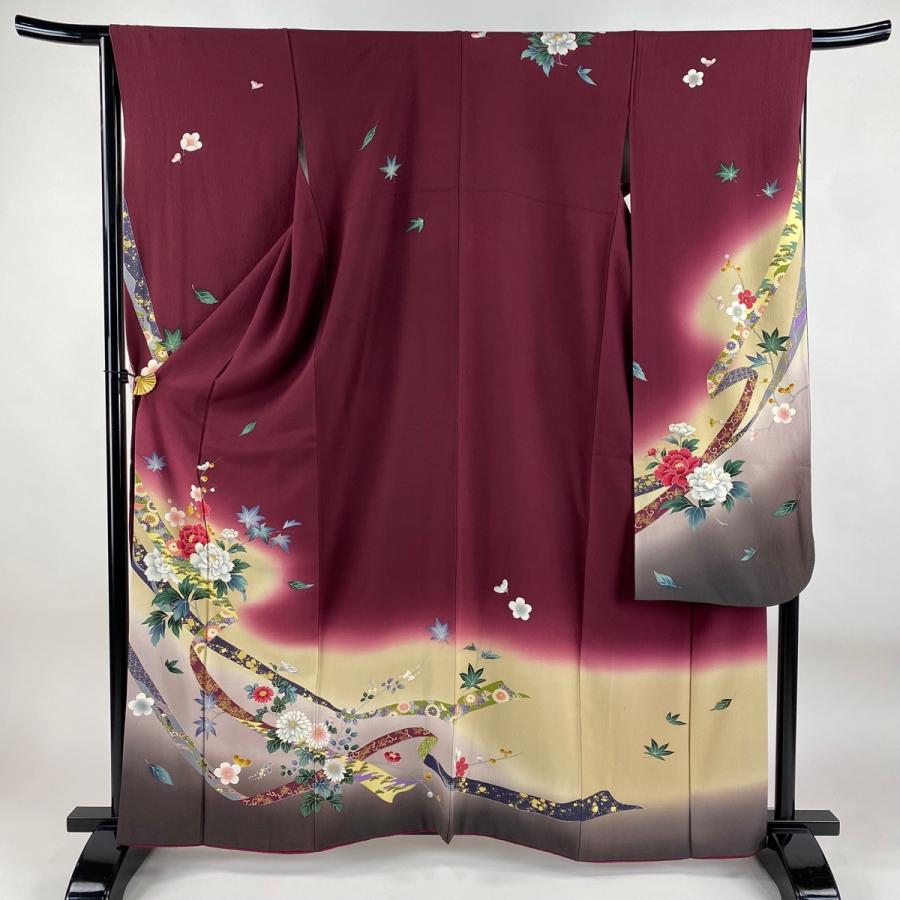 振袖 身丈161.5cm 裄丈66.5cm M 袷 牡丹 蔓帯 金彩 ぼかし えんじ色
