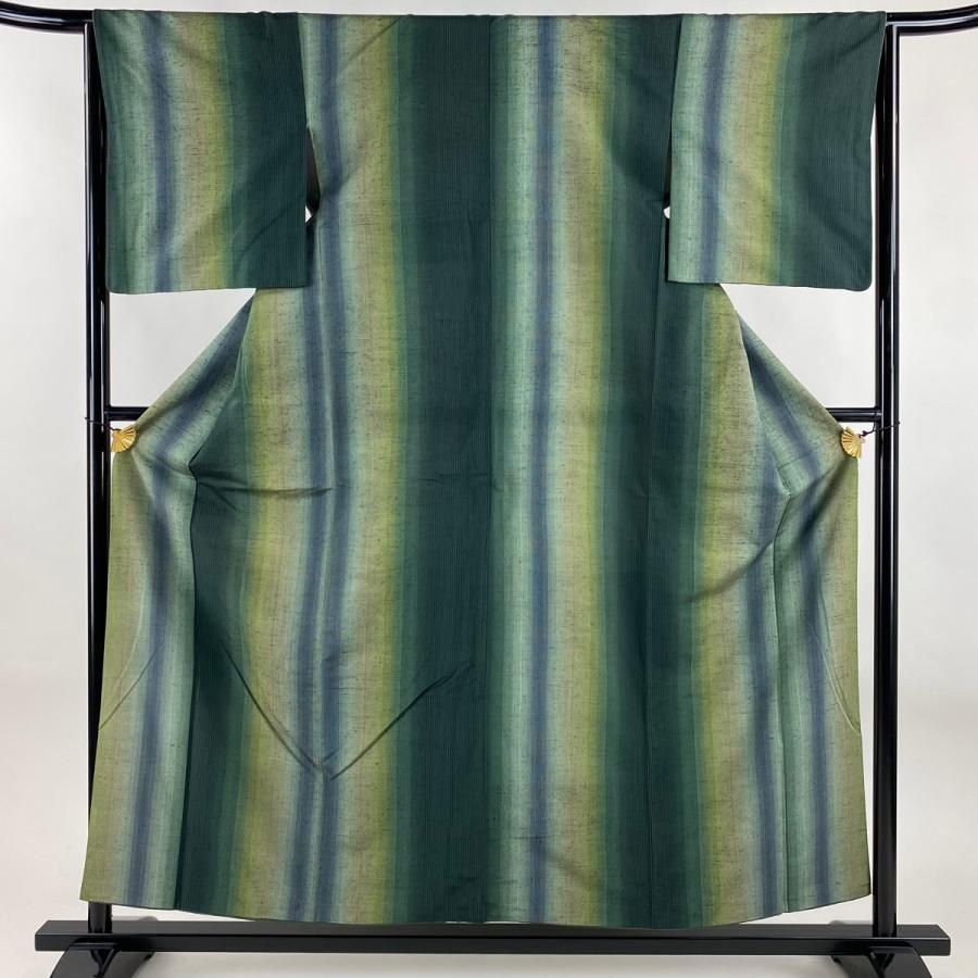 紬 身丈155cm 裄丈64cm M 袷 やまと 縦縞 深緑 正絹 秀品 中古